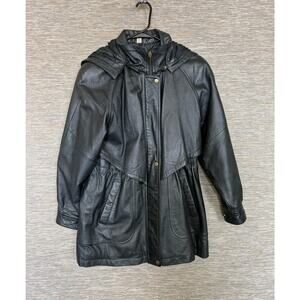 Liz Baker Essentials Jacket Womens Petite Small Black Leather Hooded Zip Coat